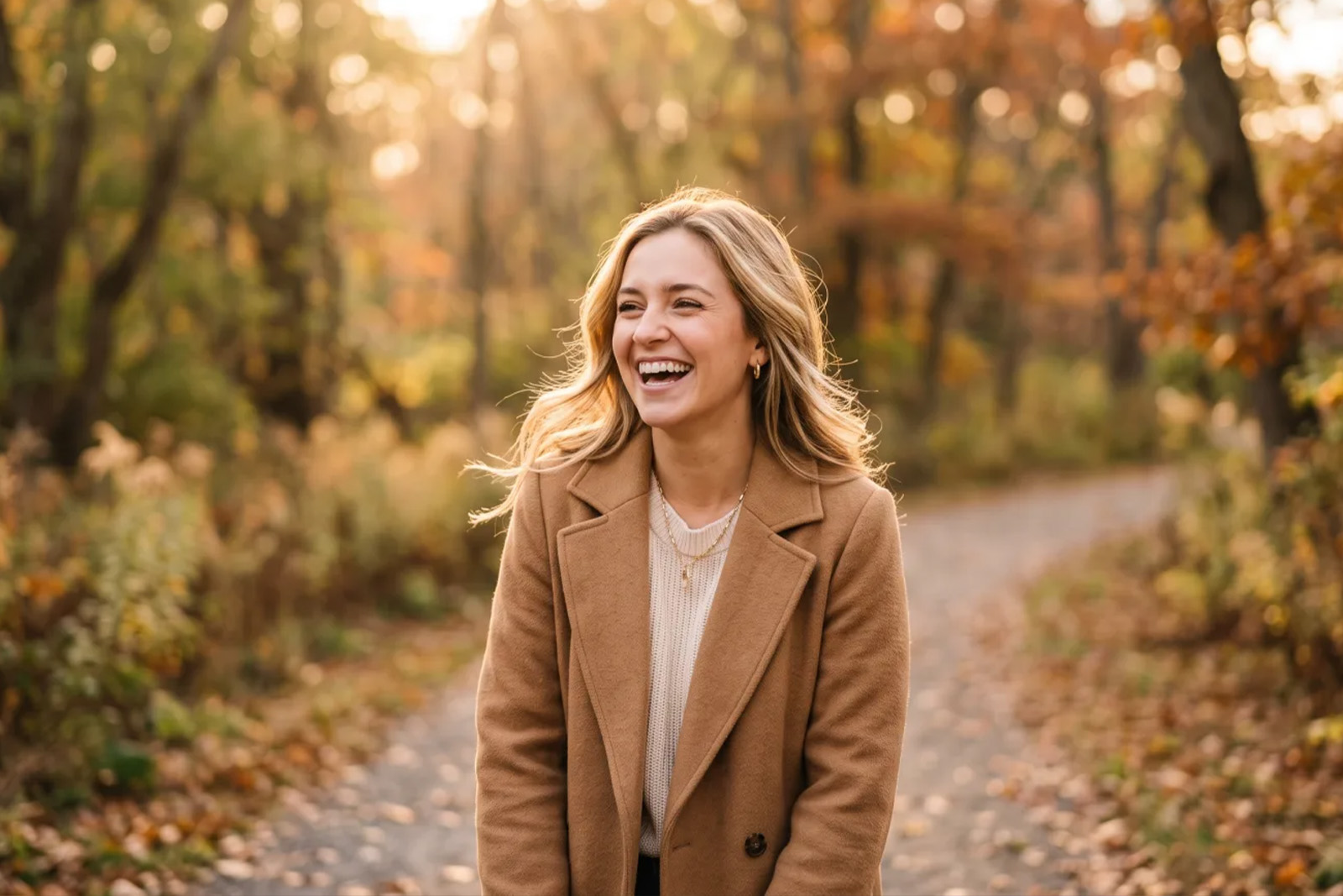 Woman in a camel coat laughing during a golden hour portrait session in New Jersey