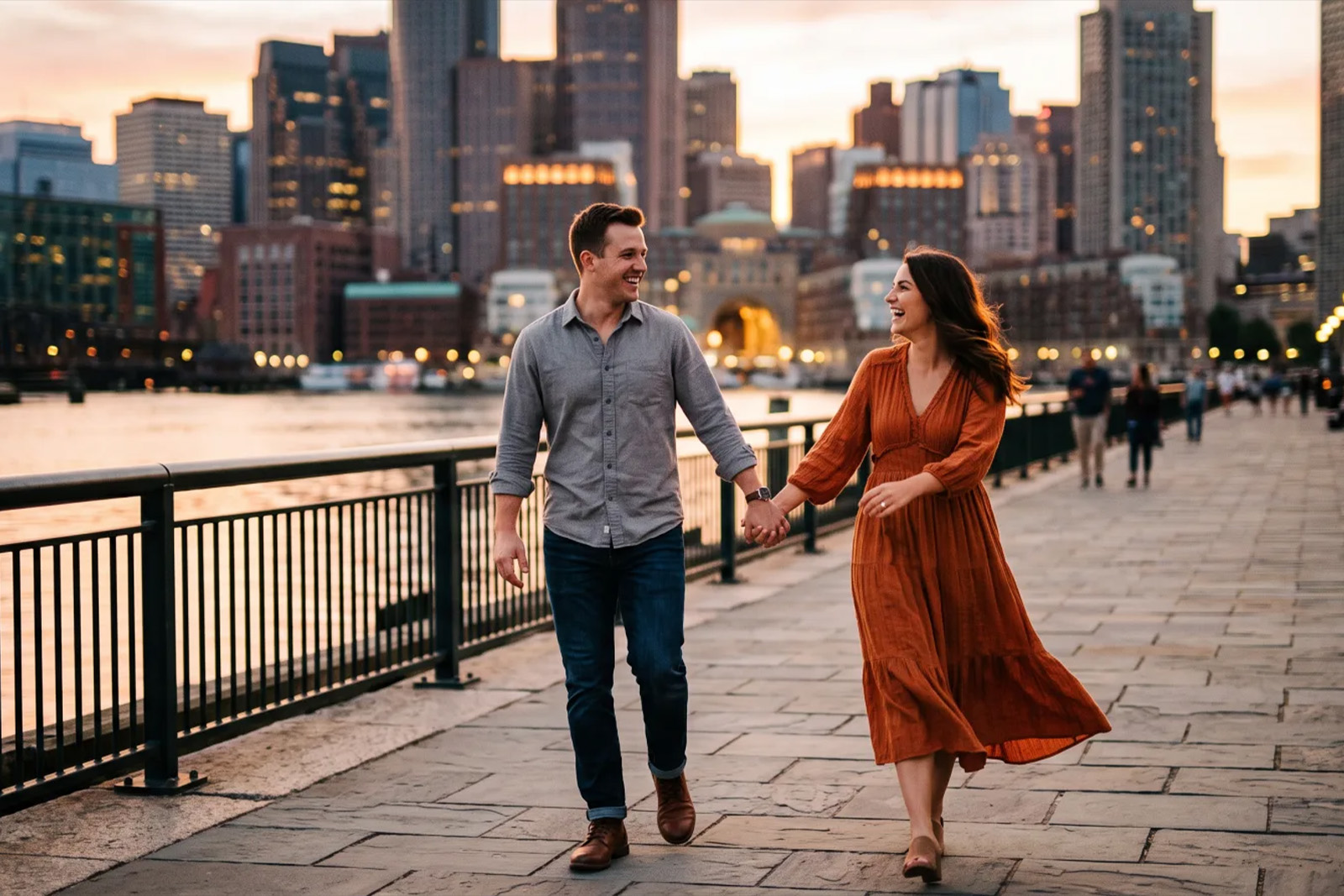Engaged couple walking a city waterfront at sunset during a New Jersey engagement session