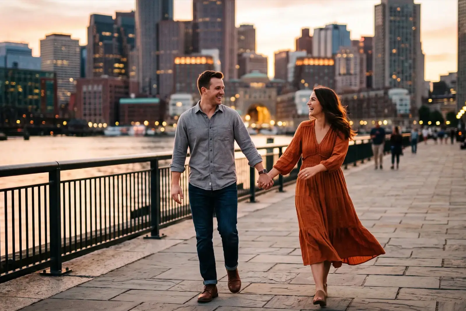 Engaged couple walking a city waterfront at sunset during a New Jersey engagement session