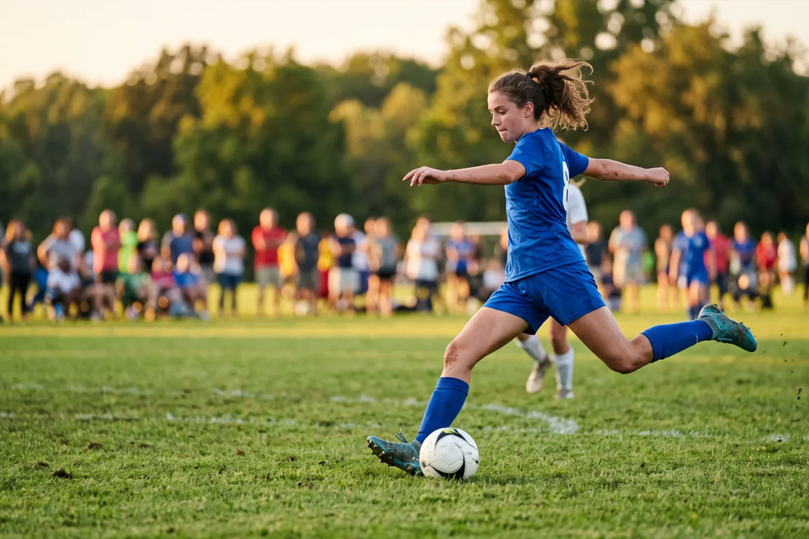 Youth soccer player striking the ball during a game in New Jersey