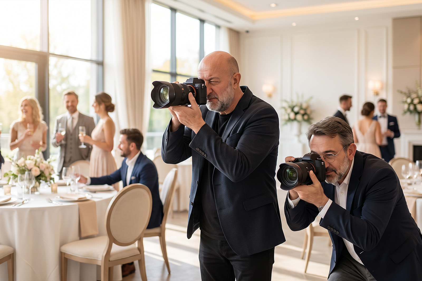 Photographers covering a bright daytime ballroom reception in New Jersey