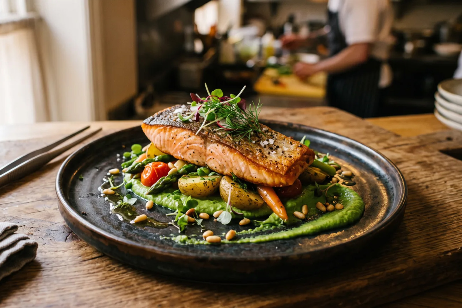 Plated salmon dish being photographed on the pass in a New Jersey restaurant