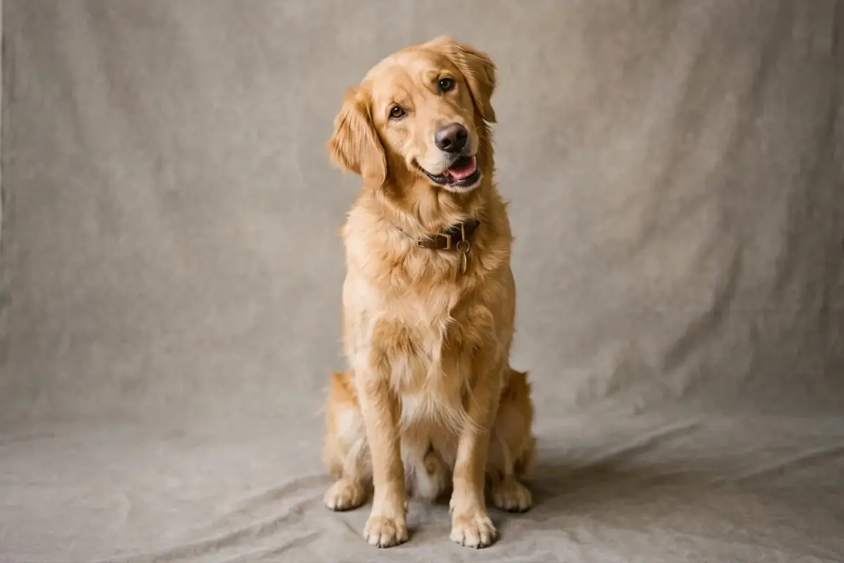 Golden retriever photographed on a warm grey portable backdrop