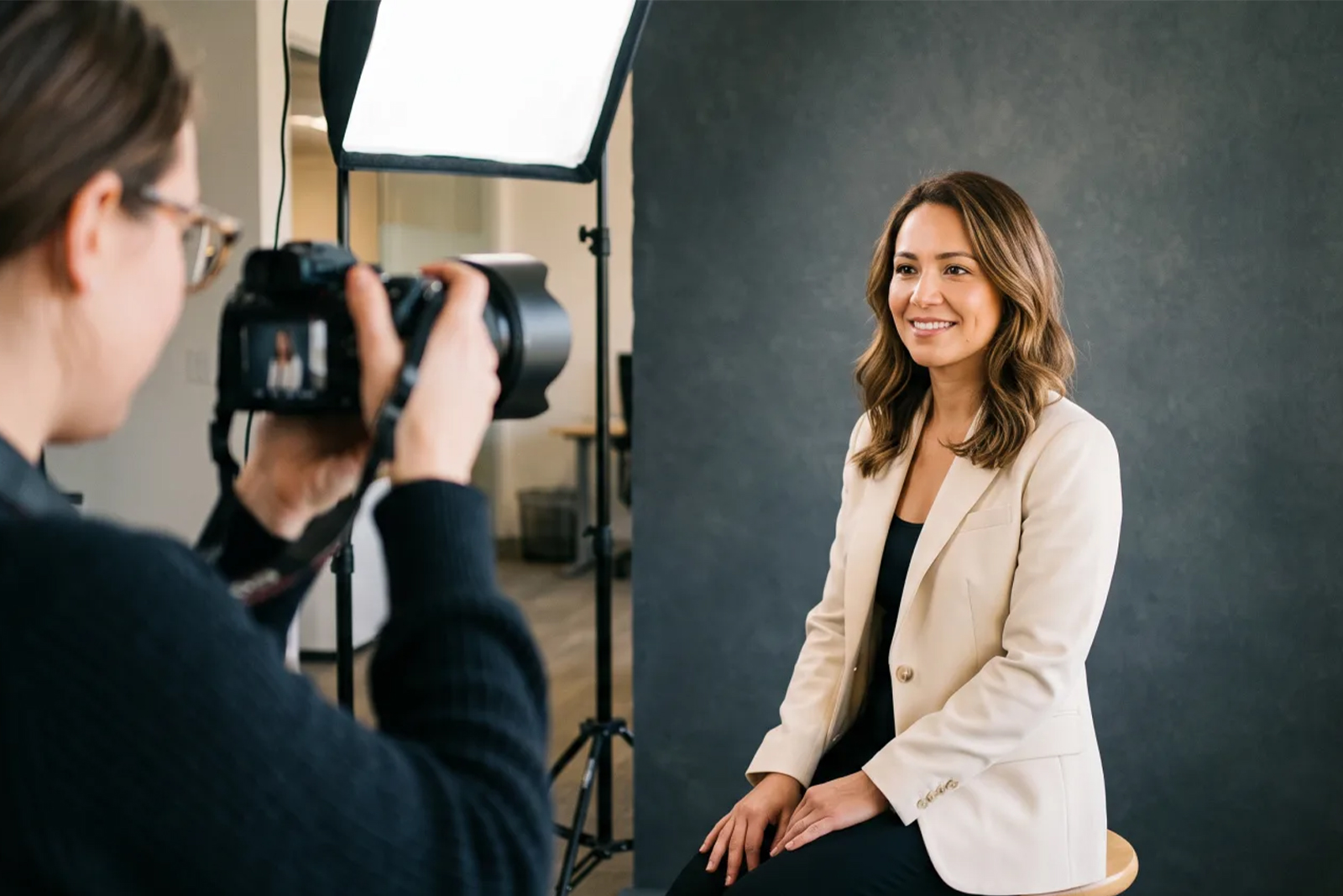 Woman in a cream blazer being photographed against a grey backdrop during an on site headshot session in New Jersey