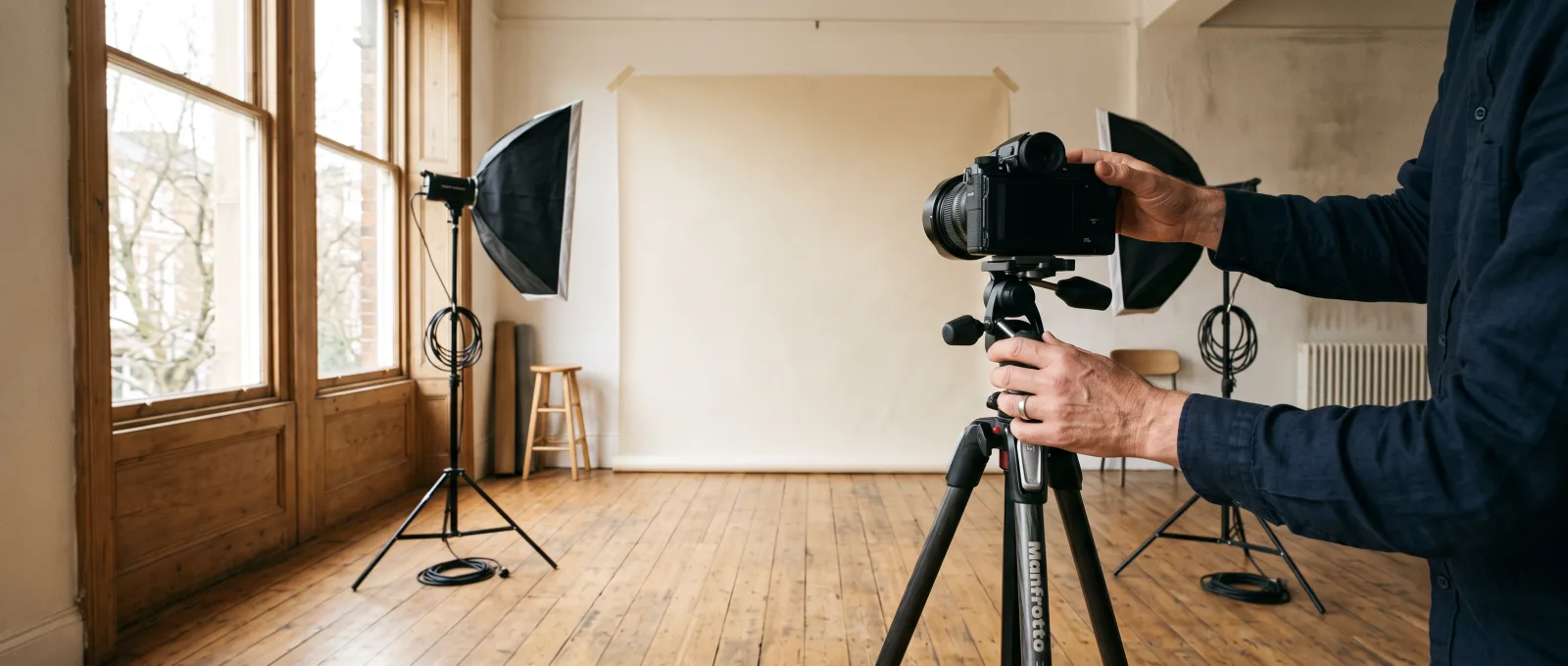 Paper backdrop, light stands and a camera on a tripod set up for a portrait session in a bright New Jersey room