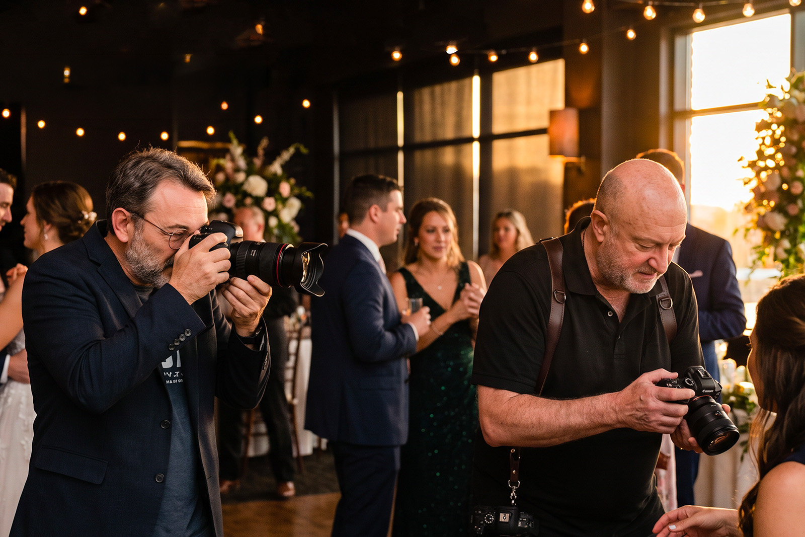 Photographers covering a bright daytime ballroom reception in New Jersey