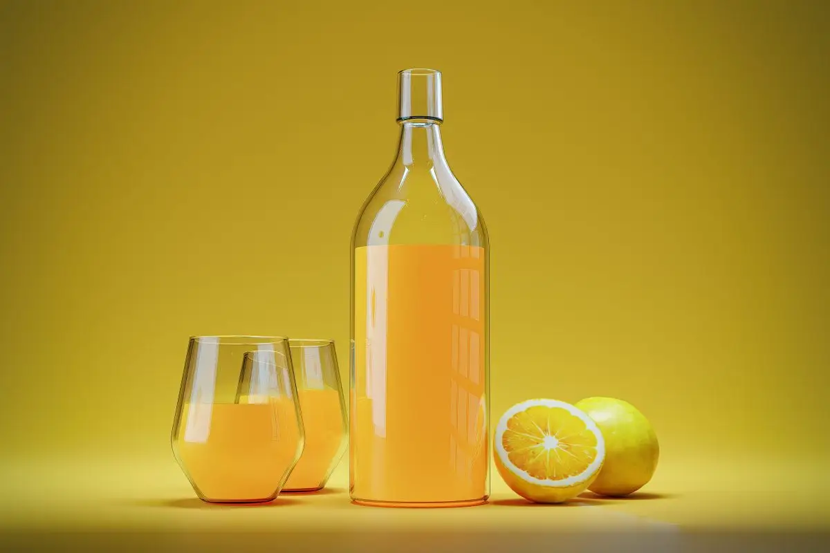 Glass bottle and two glasses of orange juice styled with halved citrus on a yellow background