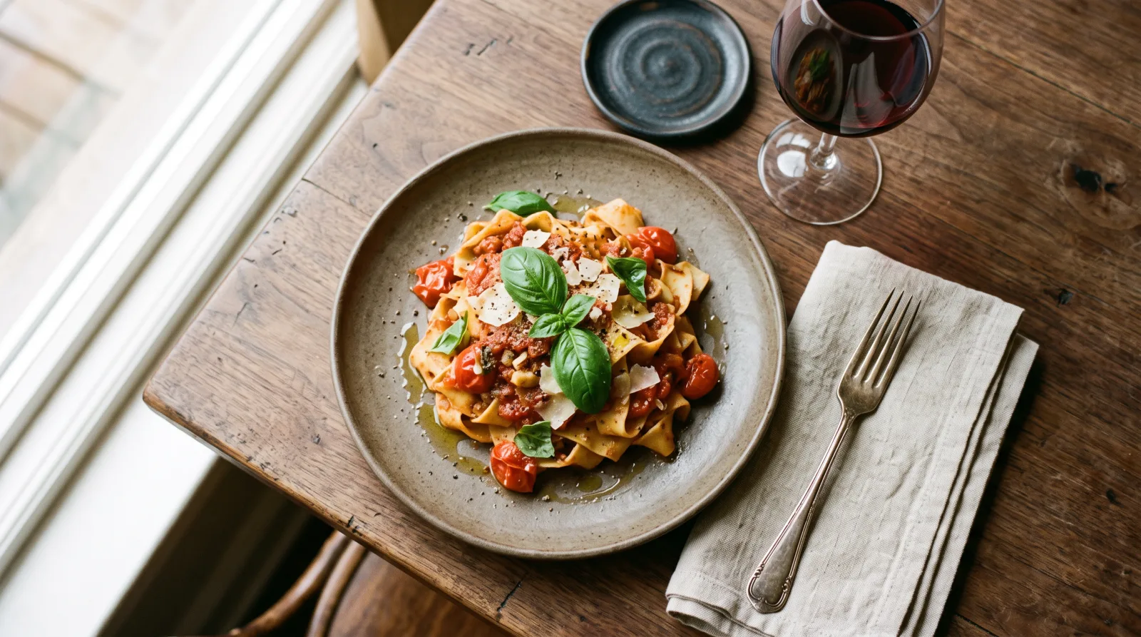 Overhead photograph of a pasta dish shot for a New Jersey bistro menu