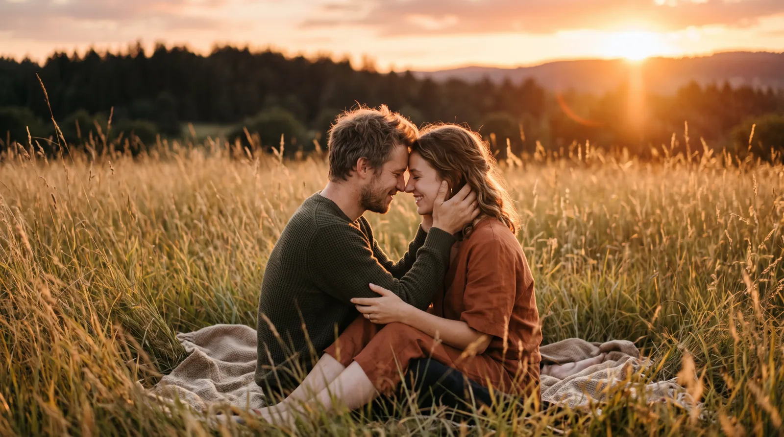 Engaged couple sitting in a tall grass field at sunset in New Jersey