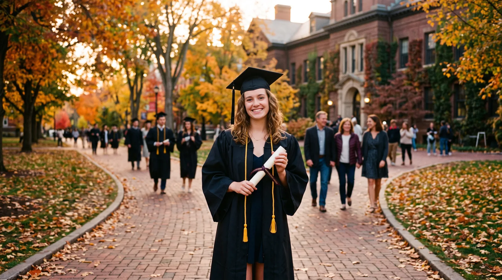 Graduate in cap and gown photographed on a New Jersey campus walkway