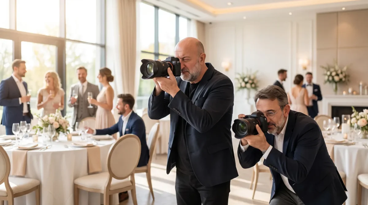 Photographers covering a bright daytime ballroom reception in New Jersey