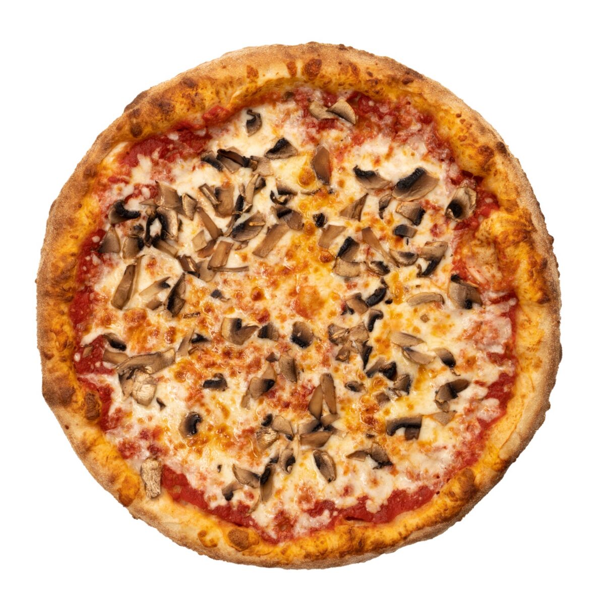 Whole pepperoni pizza photographed from above for a restaurant menu