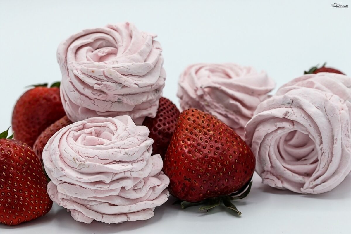 Pink zephyr confections styled for a bakery catalog