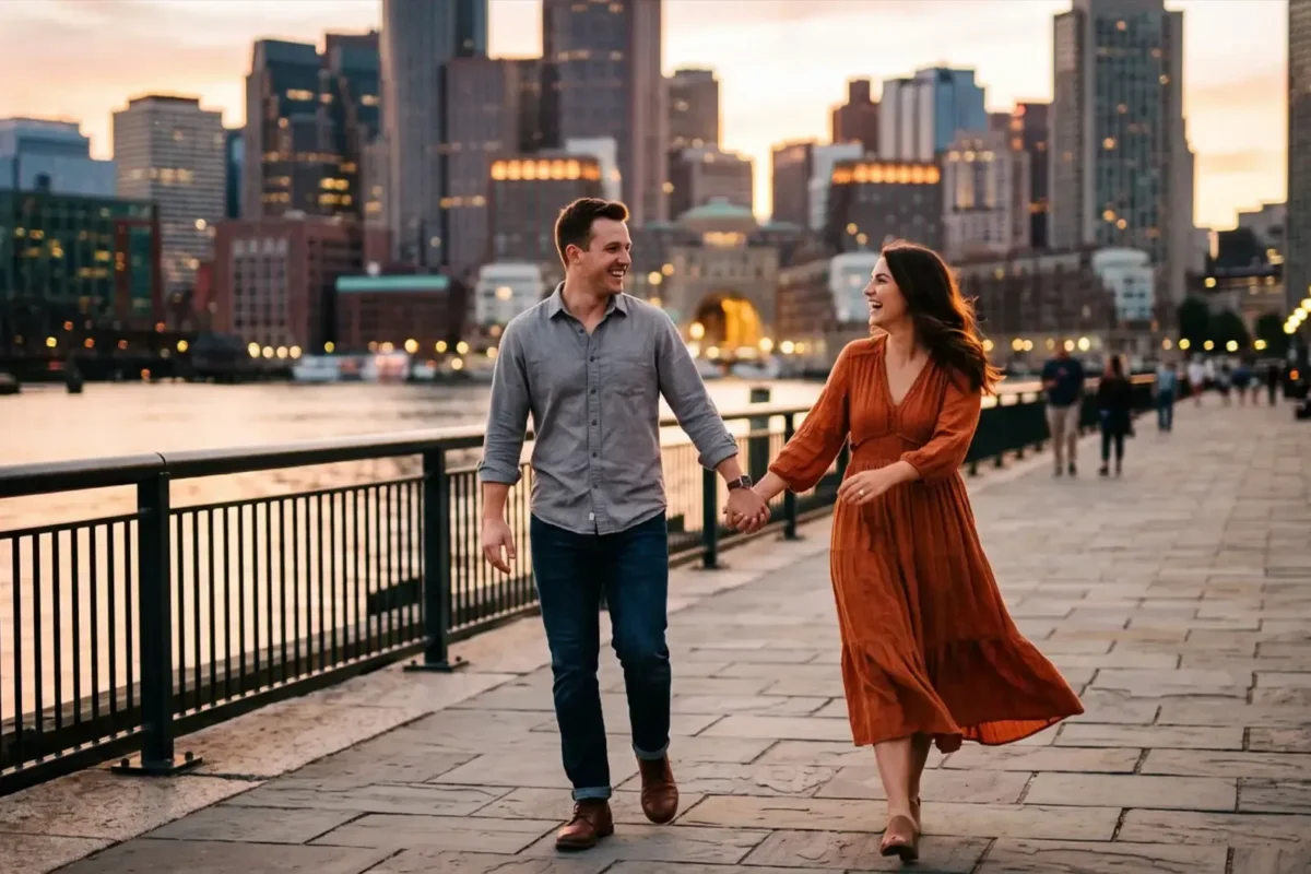 Engaged couple walking a city waterfront at sunset during a New Jersey engagement session