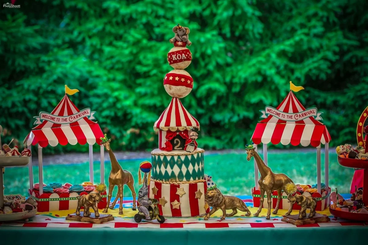 Carnival-themed party decorations with a carousel display