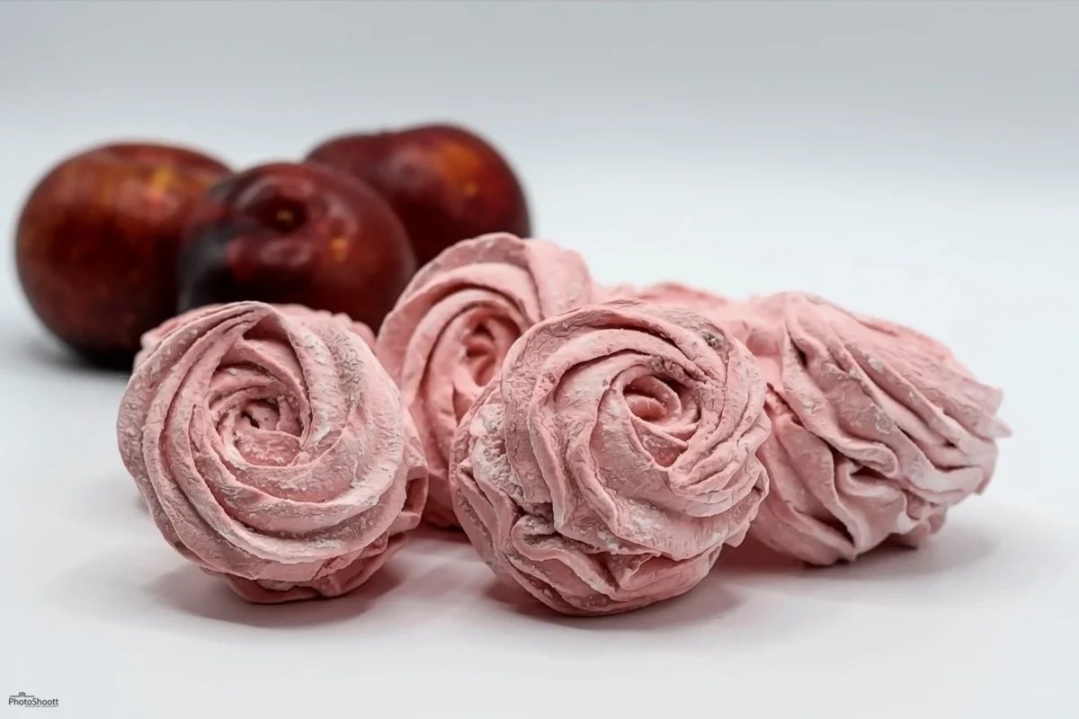 Pink zephyr confections with red apples