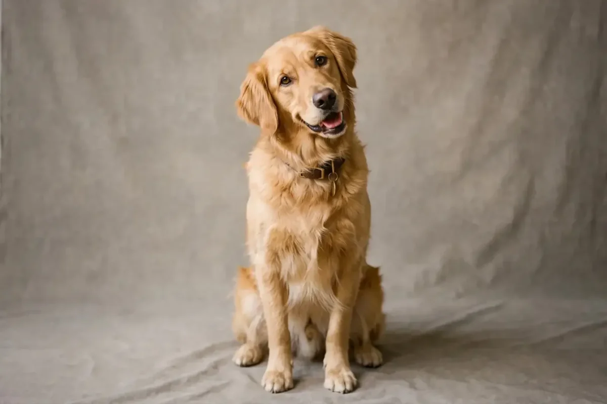Golden retriever photographed on a warm grey portable backdrop
