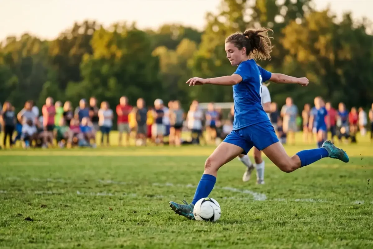 Youth soccer player striking the ball during a game in New Jersey